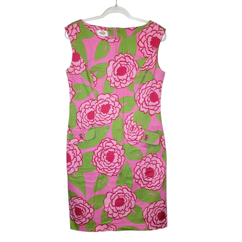 Talbots Pink Green Cotton Floral Sleeveless Midi Shift Dress Retro Size 8